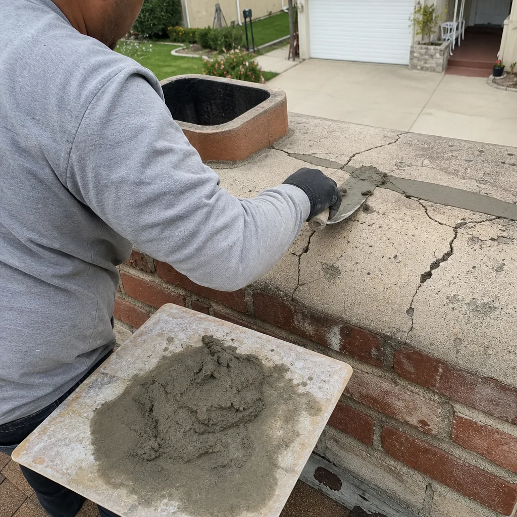 Professional technician repairing cracks on a brick chimney crown with mortar.