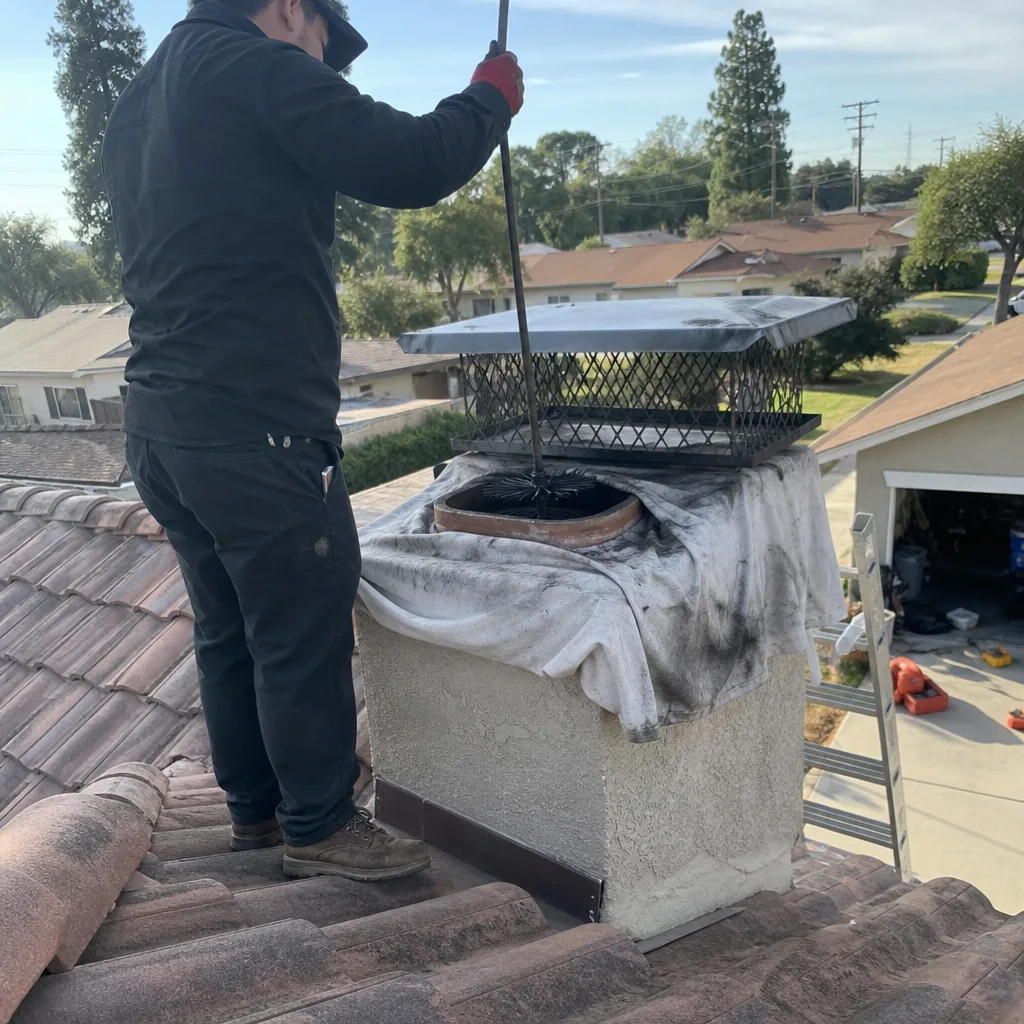 Professional chimney sweep cleaning a chimney flue on a rooftop.