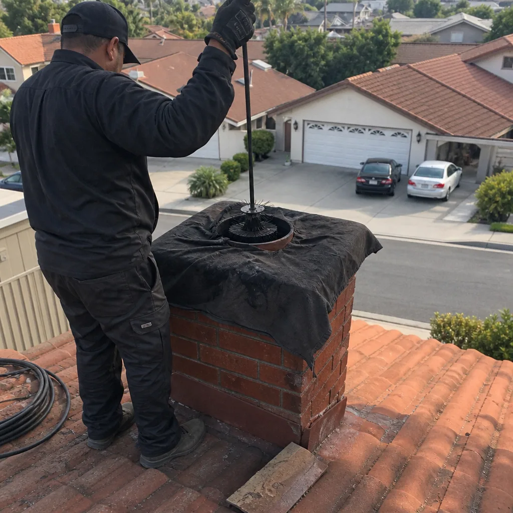 Professional chimney sweep cleaning a residential brick chimney from a roof