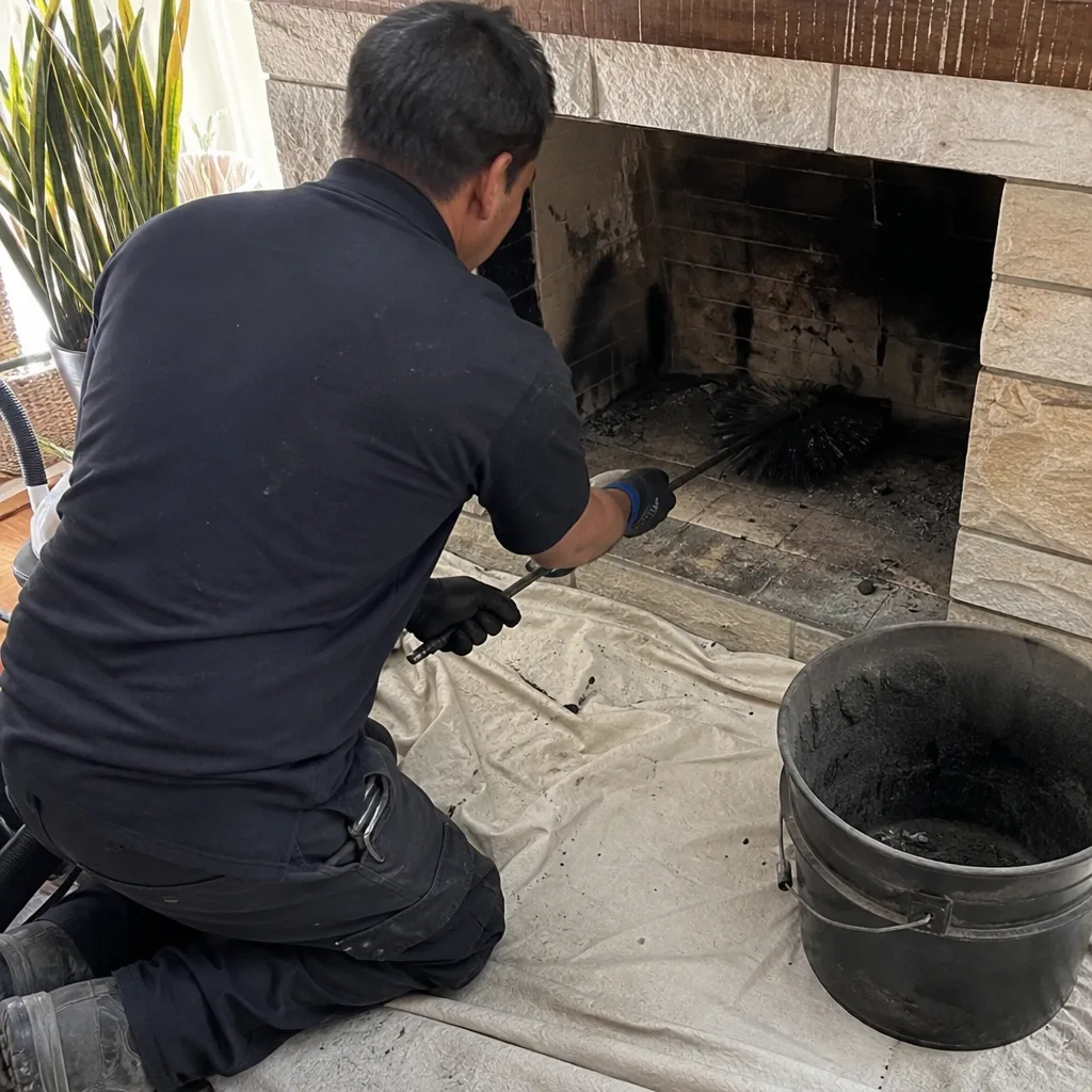 Professional chimney sweep cleaning soot from a residential fireplace interior
