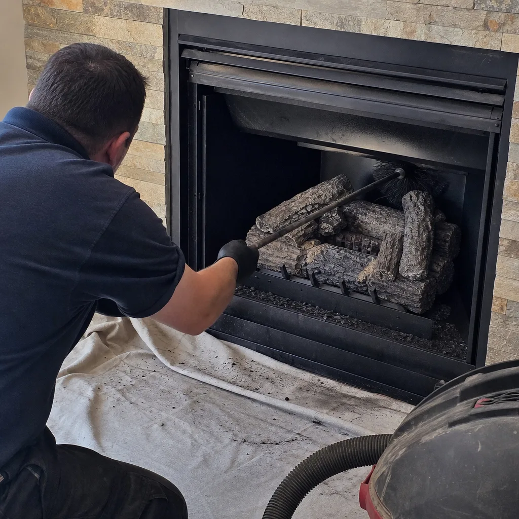 Professional technician performing gas fireplace cleaning and maintenance service