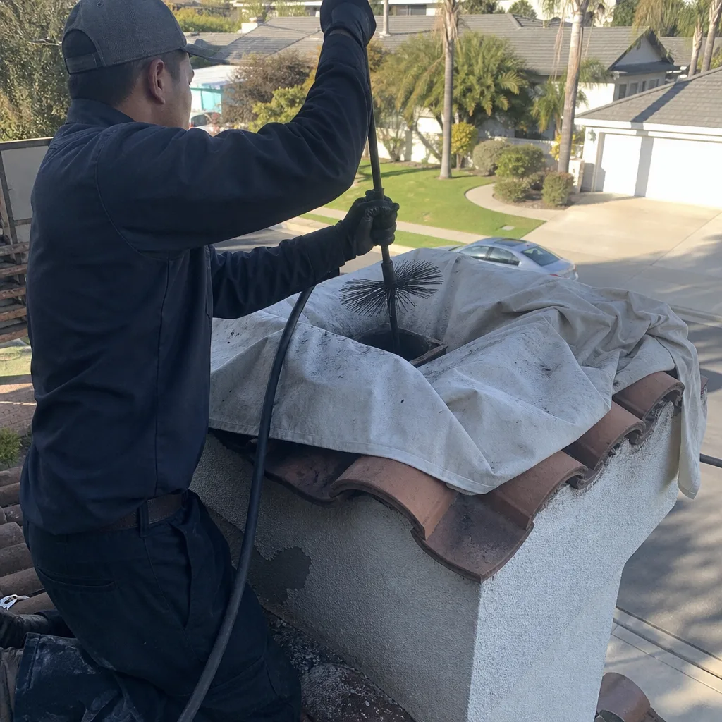 Professional chimney sweep performing routine fireplace maintenance and flue cleaning